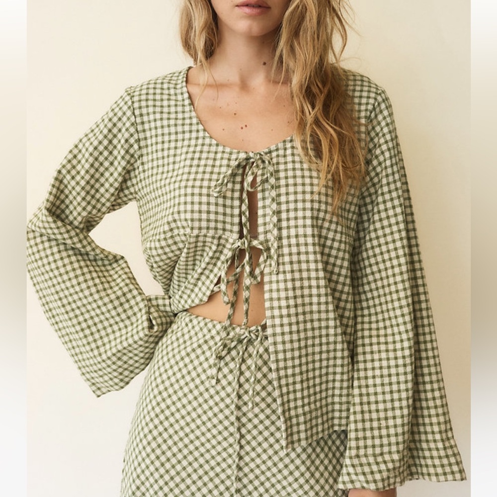 Opia Green Gingham Tie-Front Long Sleeve Top